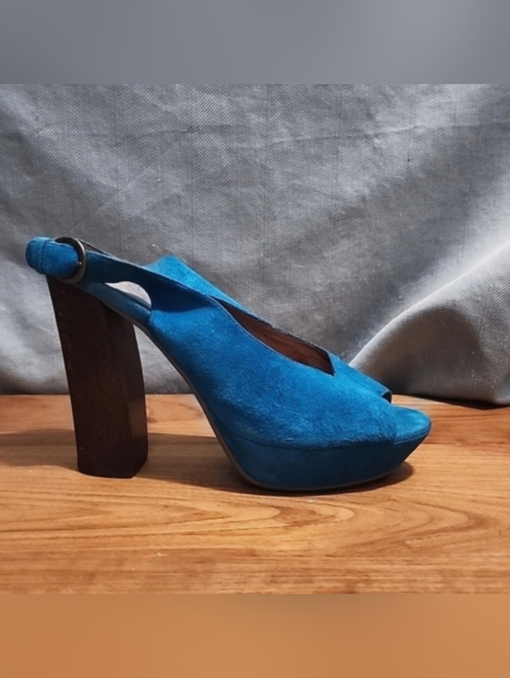 JEFFREY CAMPBELL Aqua Suede "Friend" Peep-Toe Slingback Platform Heels, size 7